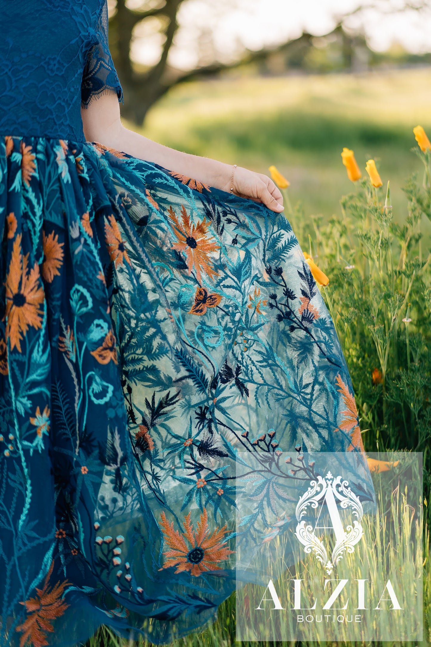 Teal Sunflower Flower Girl Dress | Full-Length Short Sleeve Lace Dress for Rustic, Boho, Outdoor Weddings