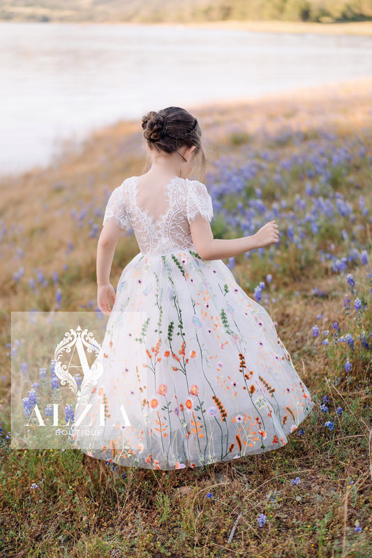 White Embroidered Tulle  Flower Girl Dress