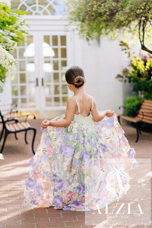 Mint Green 3D Floral Tulle Flower Girl Dress – Spring Garden Collection