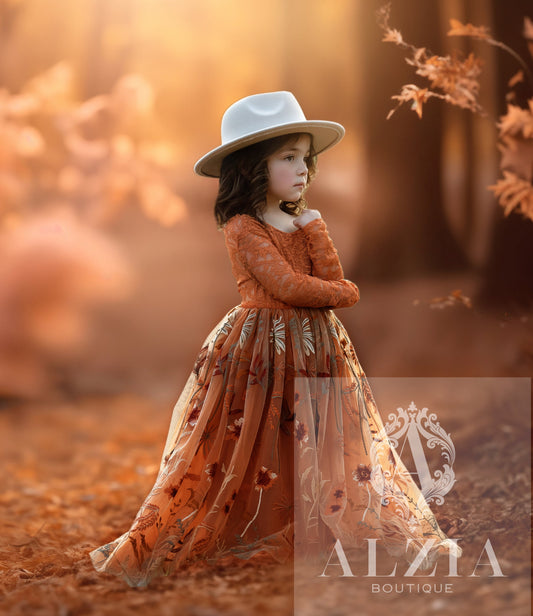 Burnt Orange Floral Embroidered Tulle Flower Girl Dress