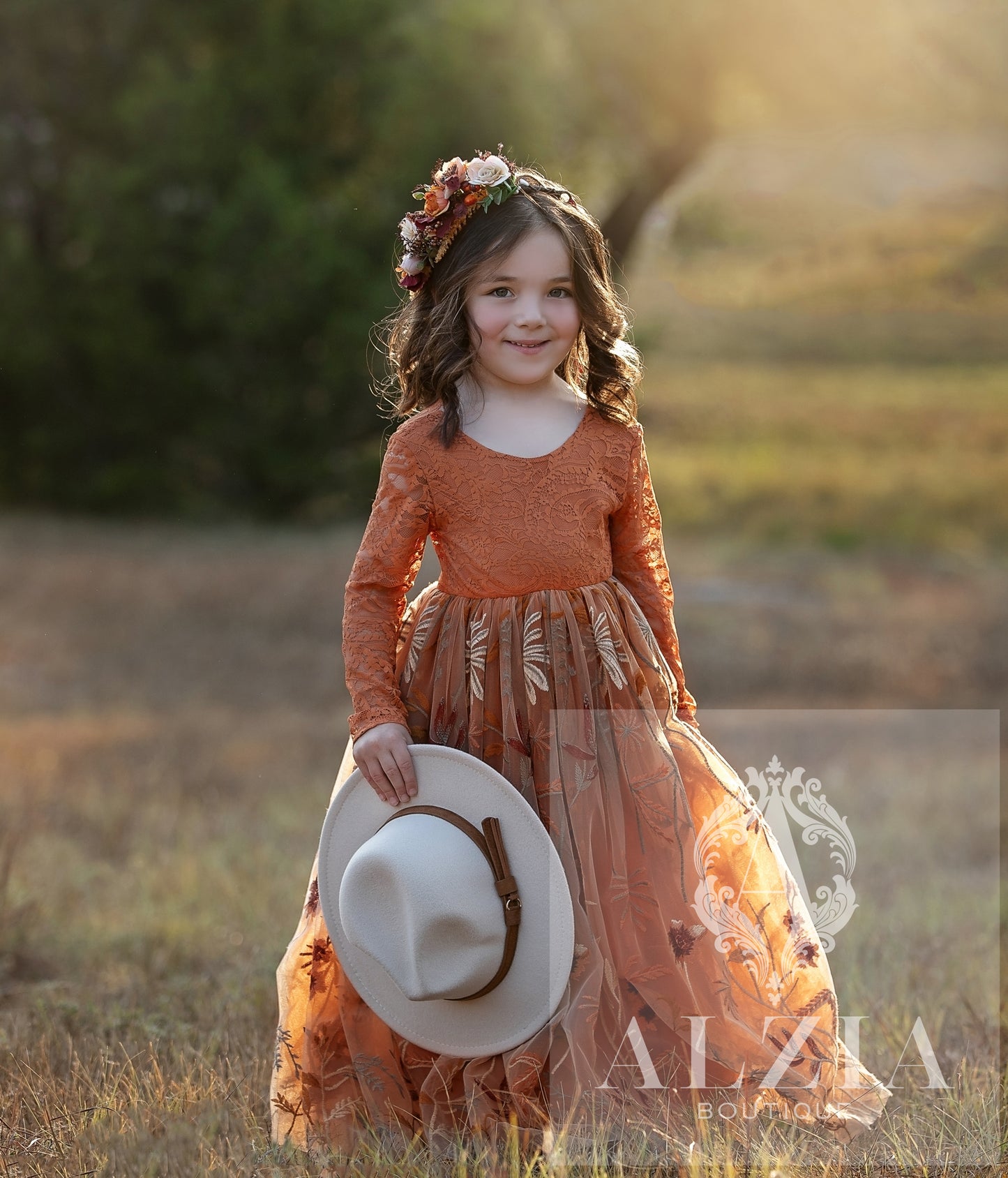 Burnt Orange Floral Embroidered Tulle Flower Girl Dress